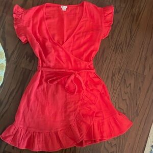 Red billabong wrap dress, red, size medium, short sleeve and ruffles